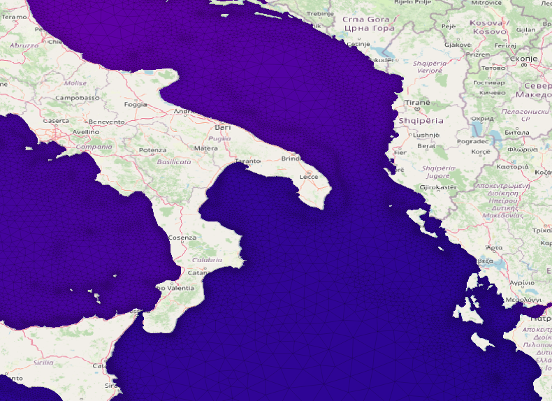 &lsquo;Unstructured&rsquo; triangular mesh following CF-UGRID from ADCIRC Hydrodynamic Model in the Med. Sea including additional node/element conectivity rendered by QGIS