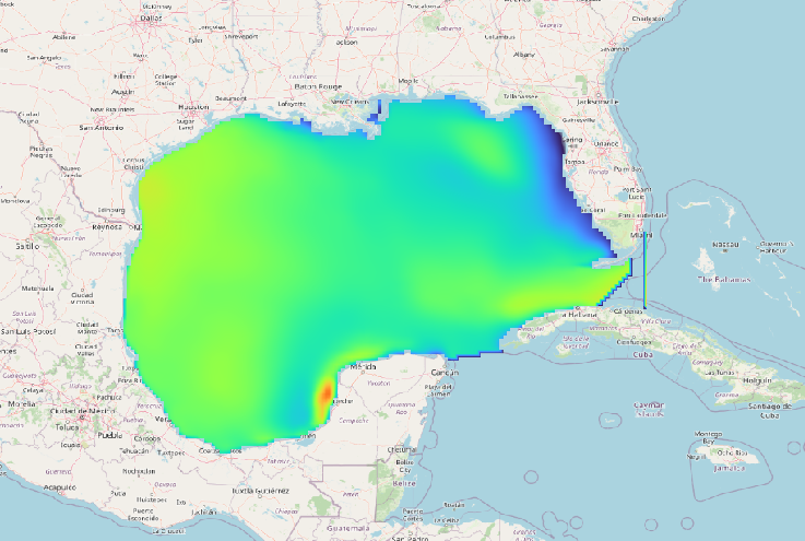 Regular Grid (RGRID) OWI Unipost NetCDF in the North-Eastern Pacific Basin in QGIS